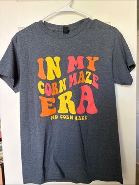 Gray Graphic Tee with Yellow & Pink Retro Text